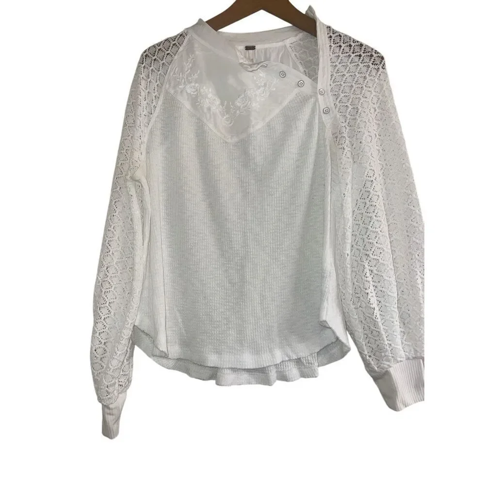 ✨Free People Sweetest Thing Thermal/Lace White Long Sleeve Sz Small Top✨
